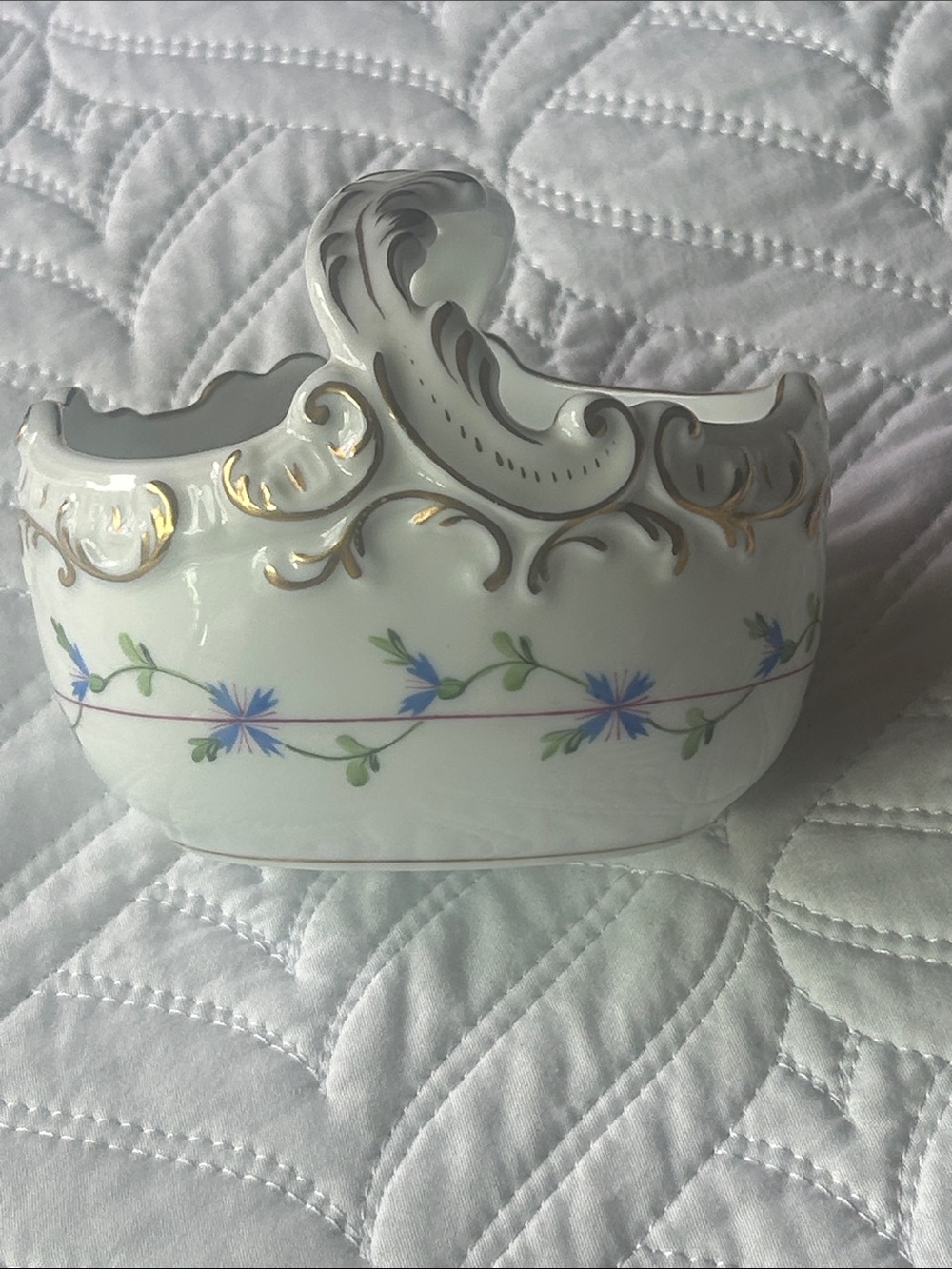 Herend White Porcelain Bowl with Blue Floral Garland and Gold Accents